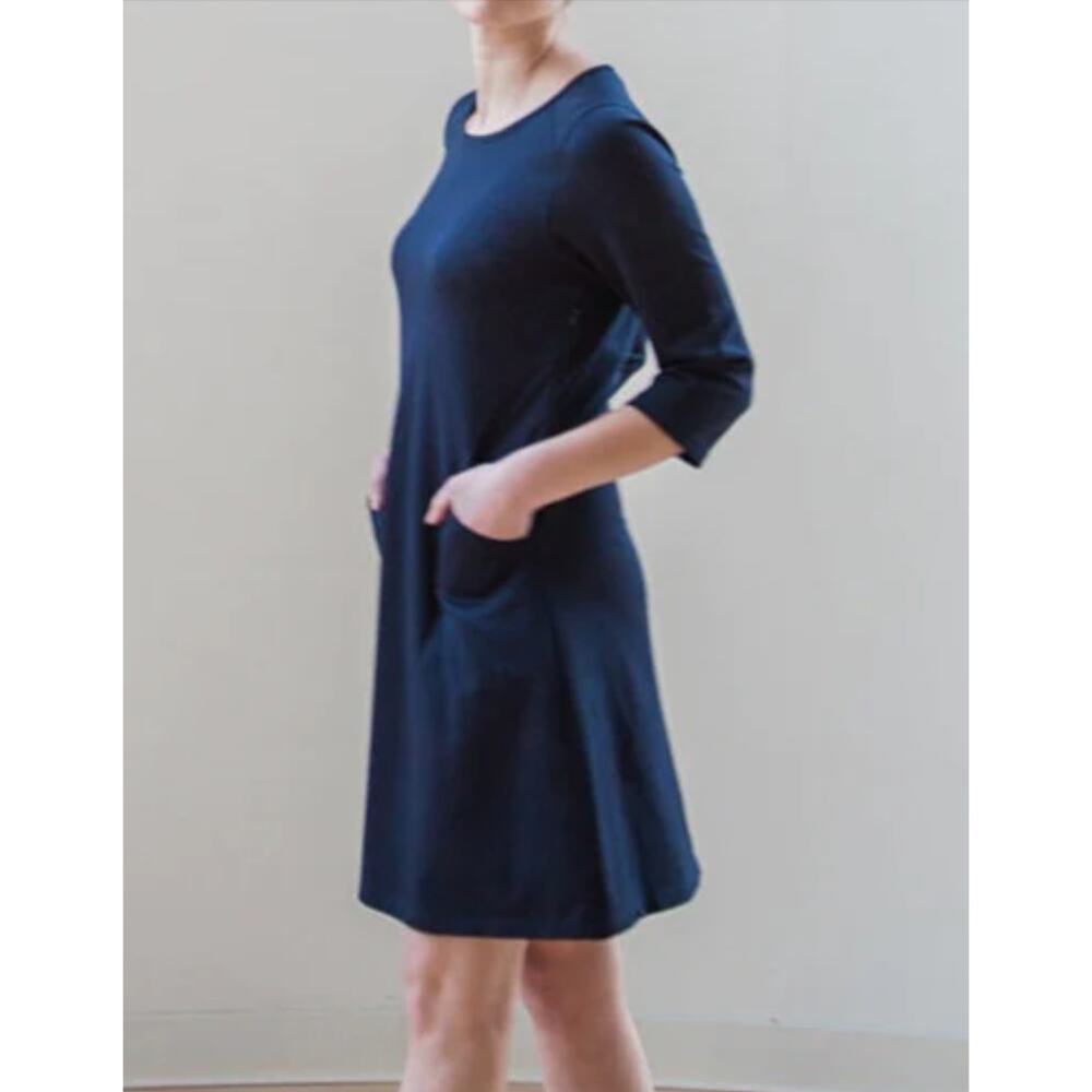 Buki Chloe Dress Womens Medium Blue Supima Cotton Blend Pocket Travel Minimal